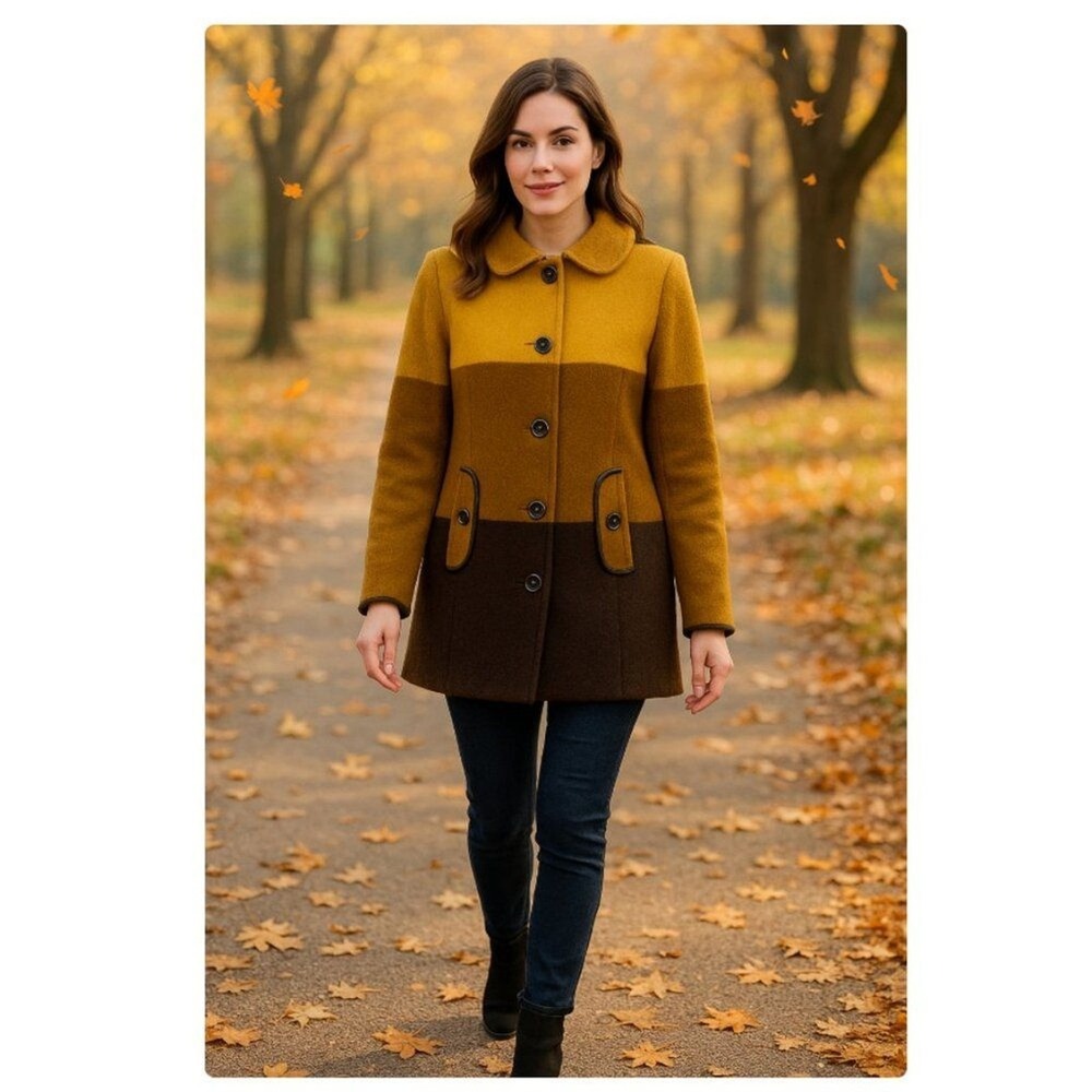 Susan Graver Hooded Colorblock‎ Coat Mustard Brown Jacket Womens Small